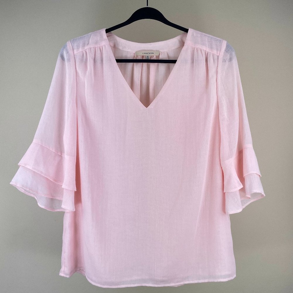 41 HAWTHORN delicate pastel pink v-neck top with elbow bell sleeves - SZ S